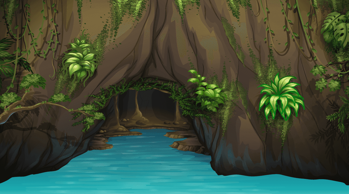 serene landscape scenes of a tranquil cave with lush greenery and calming water