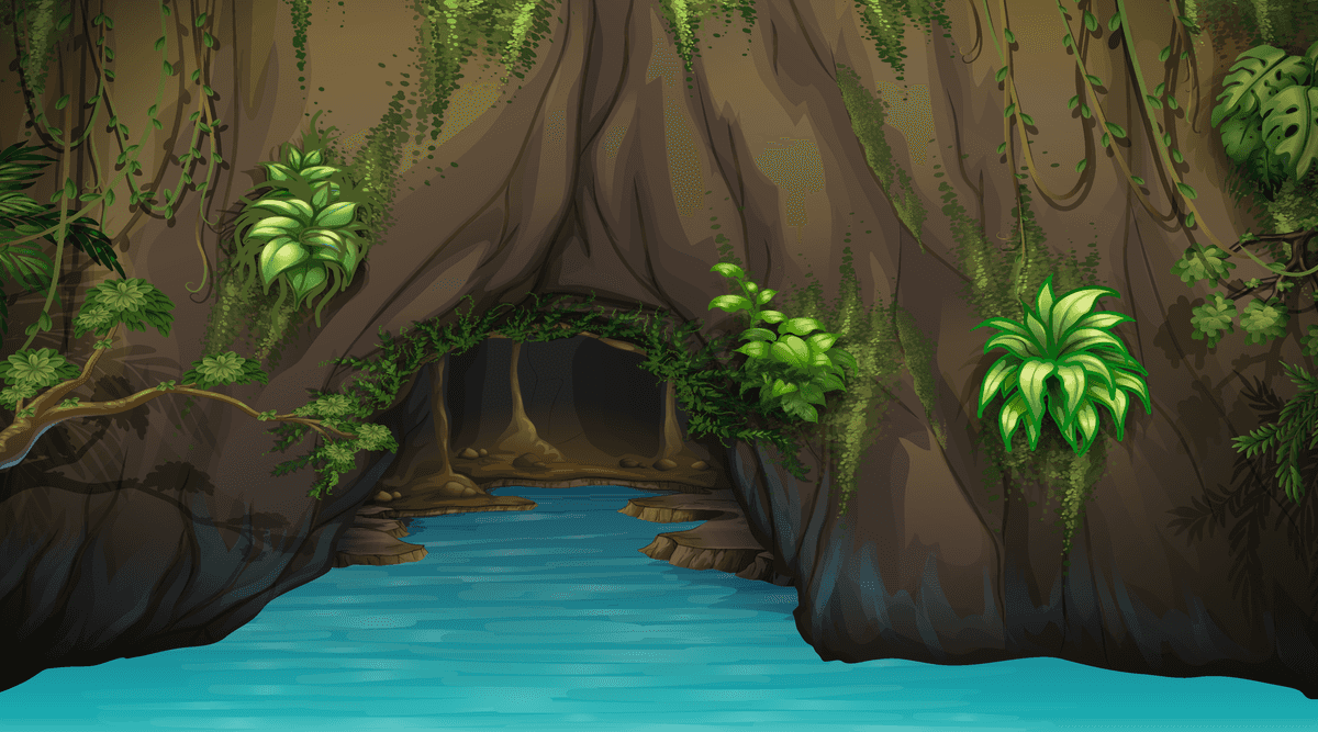 serene landscape scenes of a tranquil cave with lush greenery and calming water