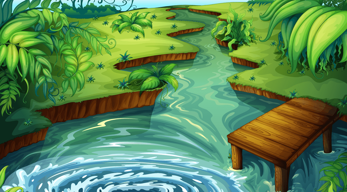 serene landscape scenes of a tranquil river winding through lush greenery and wooden pier
