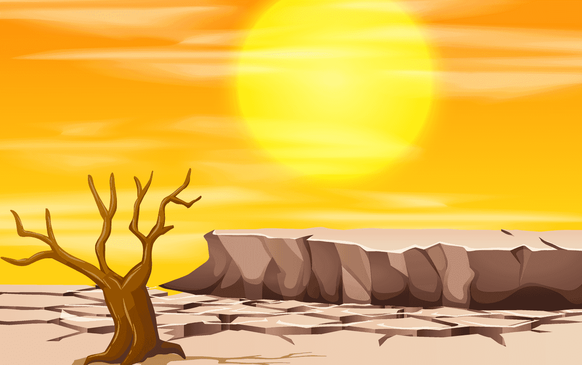 stunning sunset scene illustration of a desert landscape with barren trees and golden hues