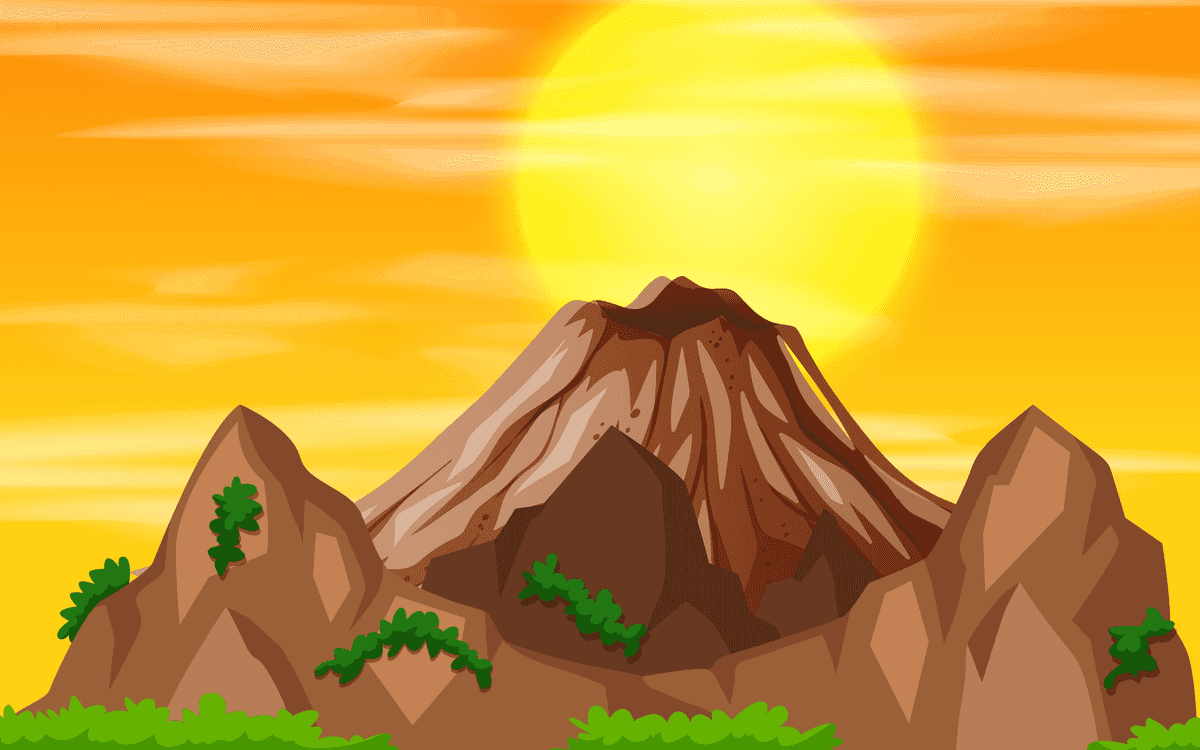 beautiful sunset scene illustration featuring a vibrant volcano and lush greenery