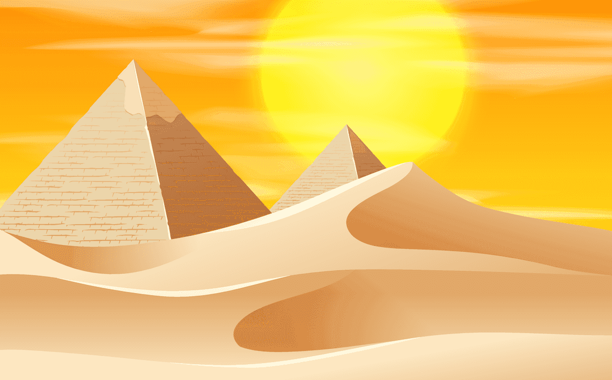 stunning sunset scene illustration featuring pyramids in a tranquil desert landscape