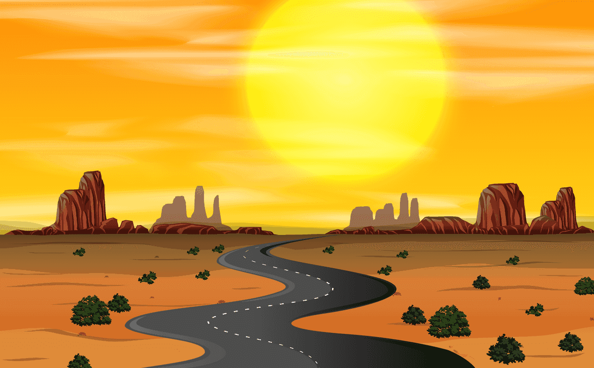 sunset scene illustration featuring a winding road with vibrant colors and majestic mountains