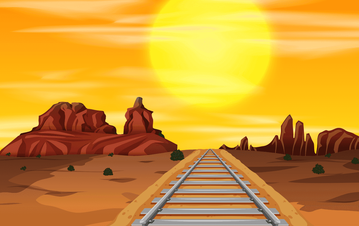 serene sunset scene illustration with railway tracks in a desert landscape