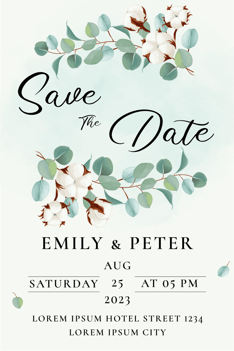 wedding invitation card templates green eucalyptus and cotton flowers