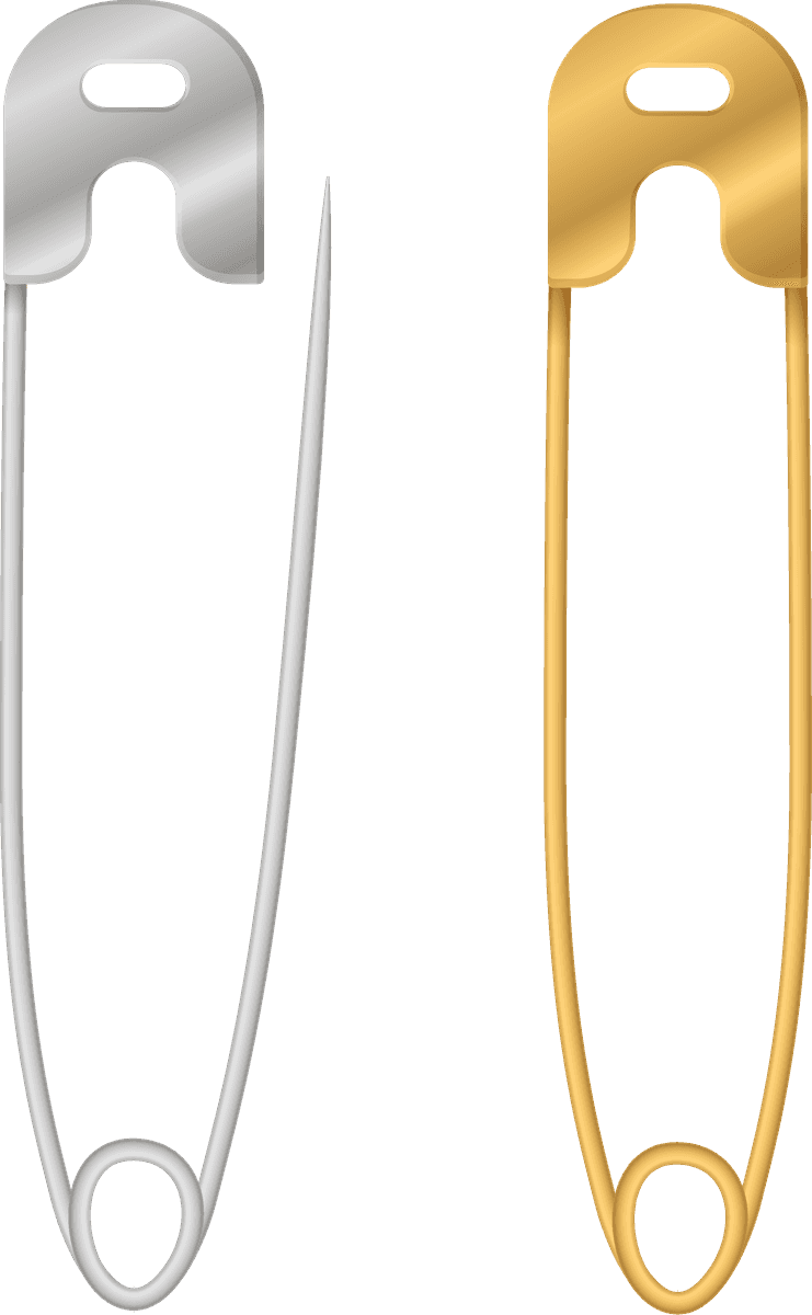 sewing isolated icons set featuring safety pins in silver and gold tones for crafting