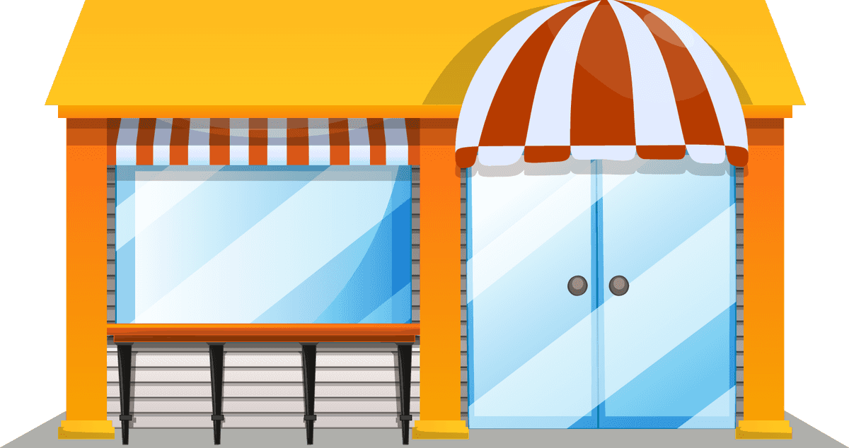 shop on white background illustration of a colorful storefront with awning and large windows