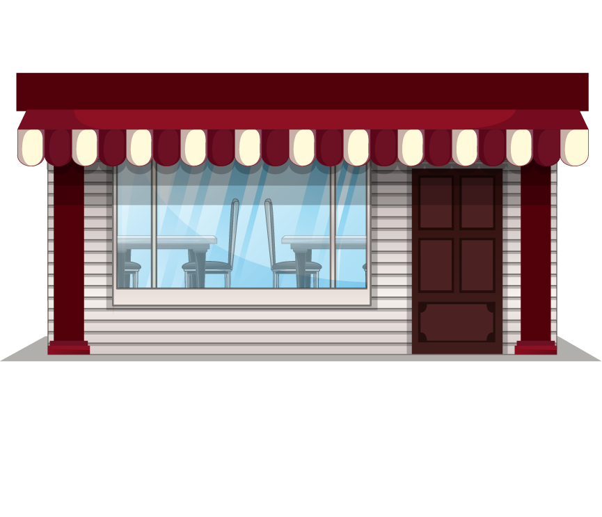 shop on white background illustration showcasing a cozy storefront with awning and tables