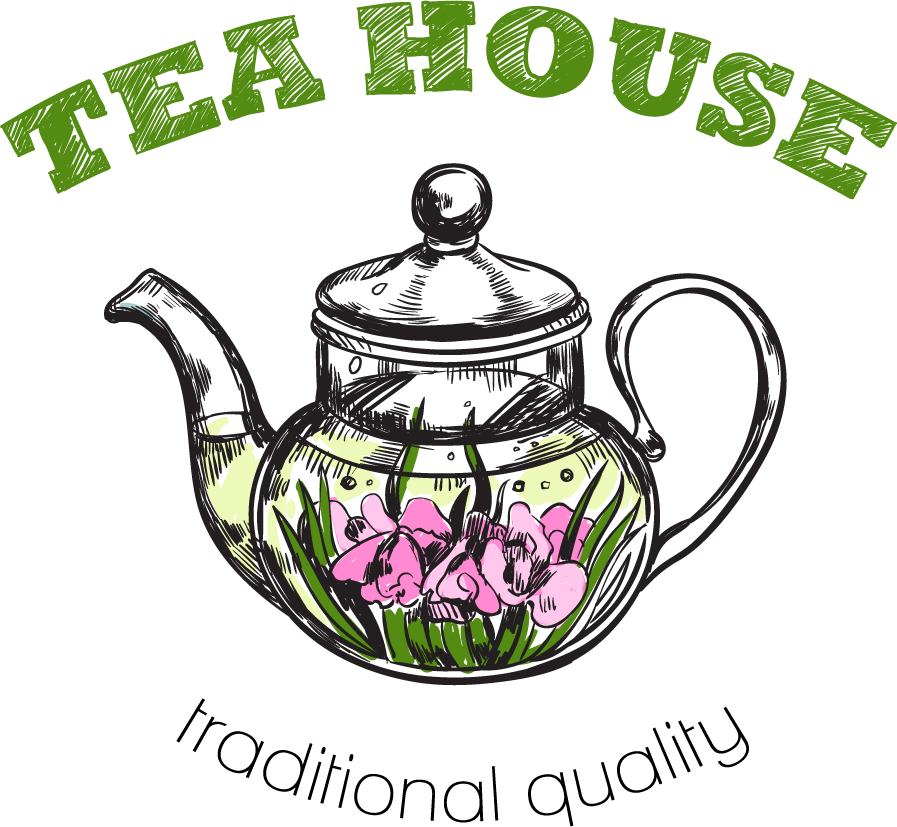 sketch tea logo set featuring a charming teapot adorned with flowers and vibrant colors