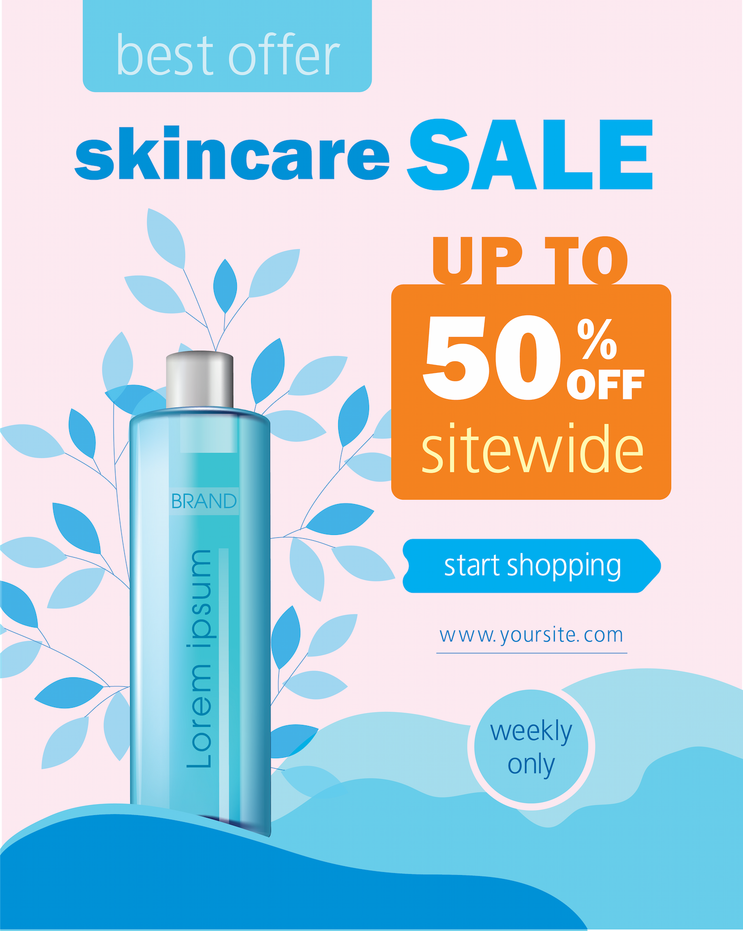 best offer skincare sale up to 50% off sitewide template flat illustration cosmetic product bottle leaves background