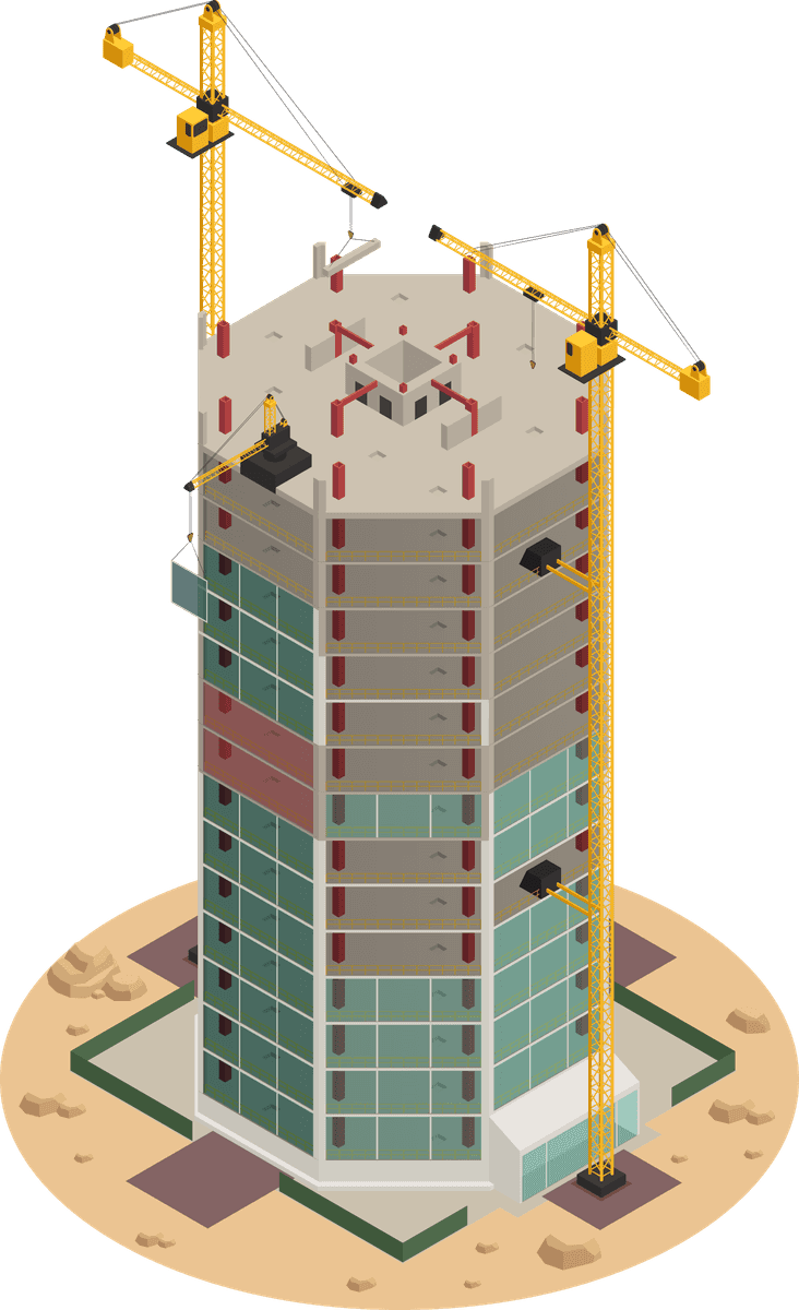 isometric skyscraper construction progress with cranes and