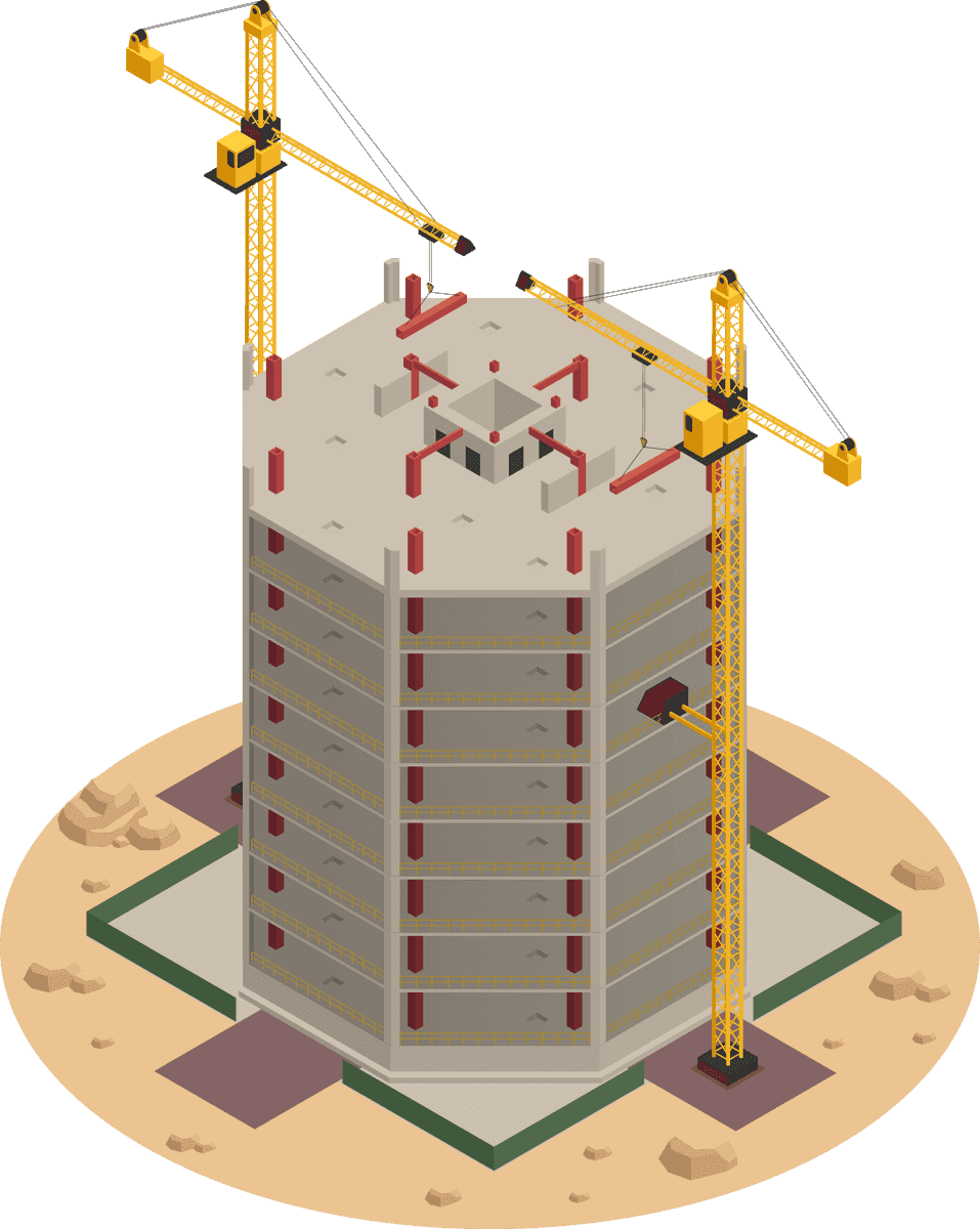 isometric skyscraper construction progress showcasing cranes and structural development stages