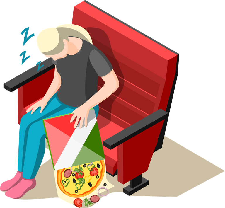 sleep disorder isometric icons depicting a person asleep with pizza in hand