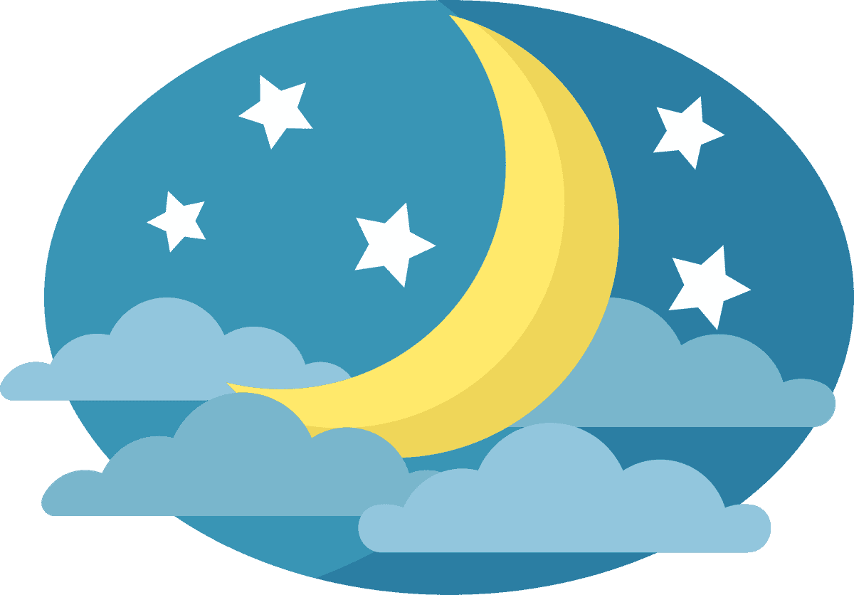 sleep time flat icons featuring a crescent moon, stars, and clouds for relaxation settings