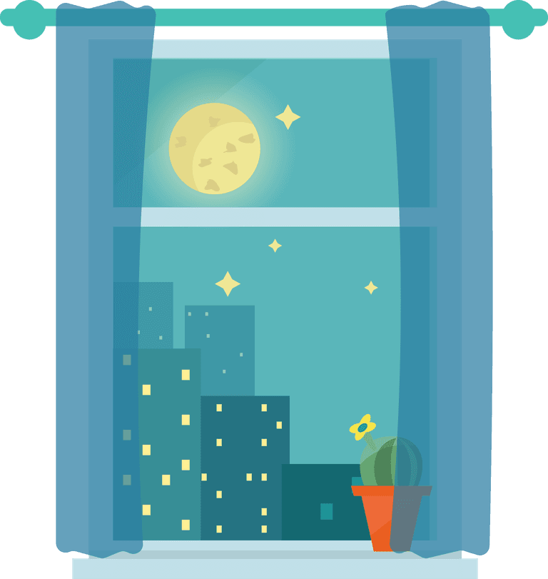 sleep time flat icons featuring cozy night window scenery with moon and stars