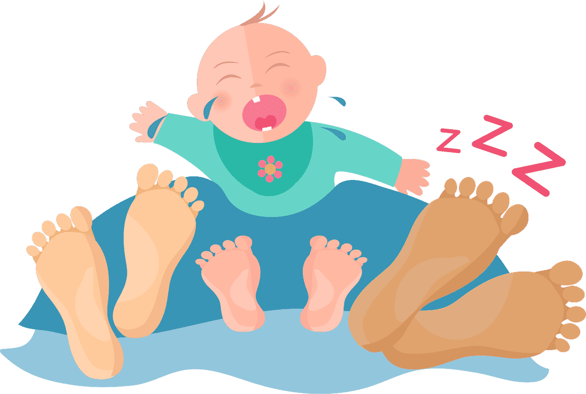 sleep time flat icons representing family rest moments with a baby crying