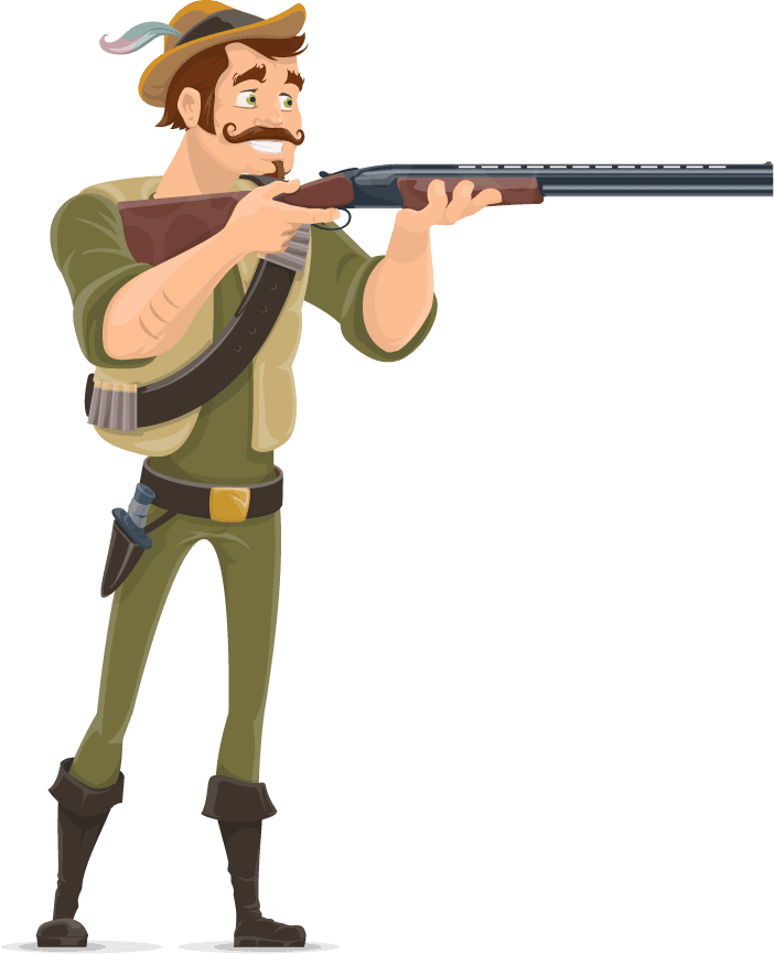 smiling hunter characters collection various poses with shotgun knife bullets isolated