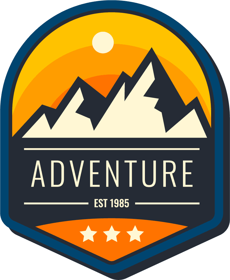 snow mountains flat labels for adventure enthusiasts and outdoor explorers in vibrant colors