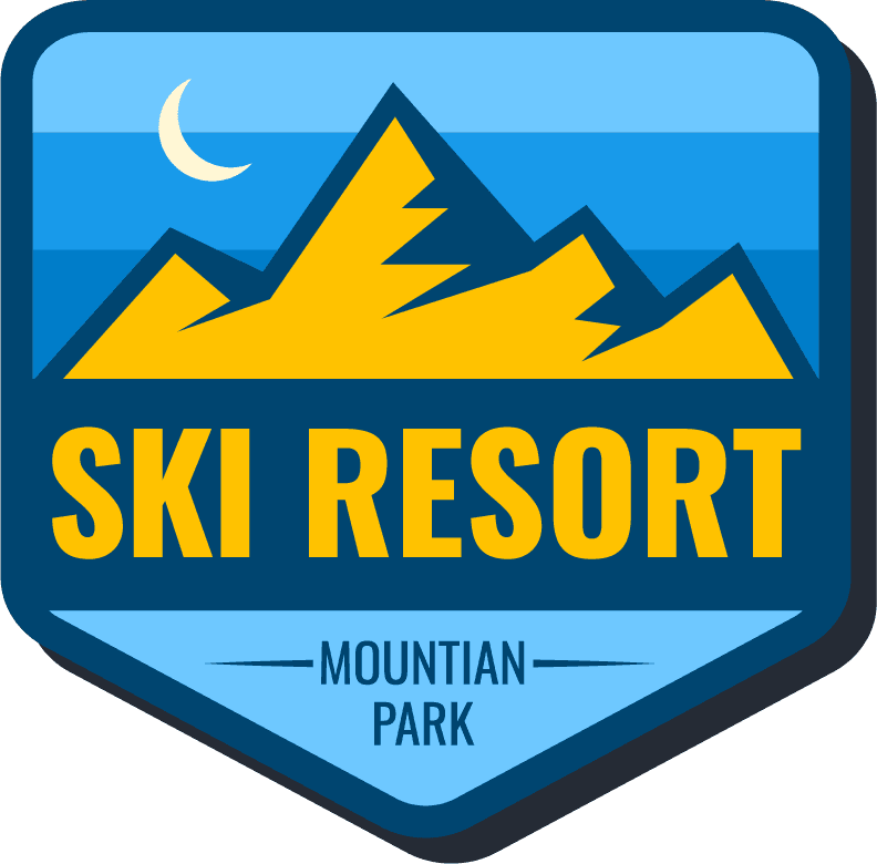 snow mountains flat labels for ski resort branding with vibrant colors and clear fonts