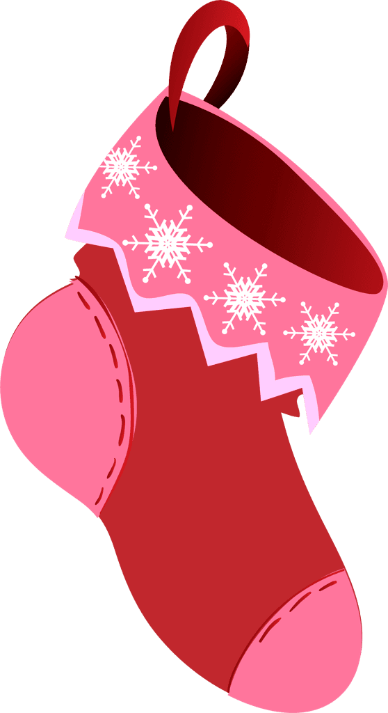 red and pink Christmas stocking with snowflakes