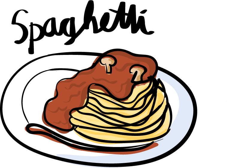 spaghetti drawing style food collection featuring delicious pasta with savory sauce and mushrooms