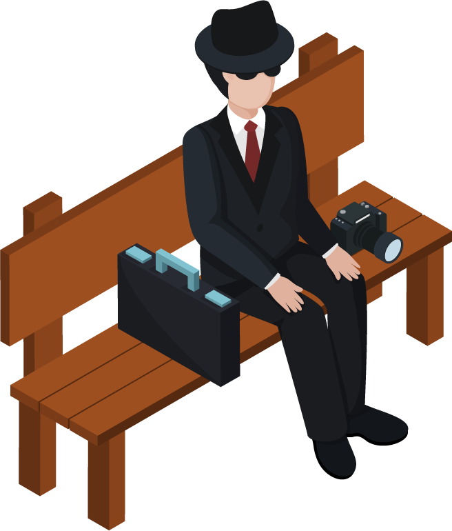 special agent isometric people on a park bench with camera and briefcase