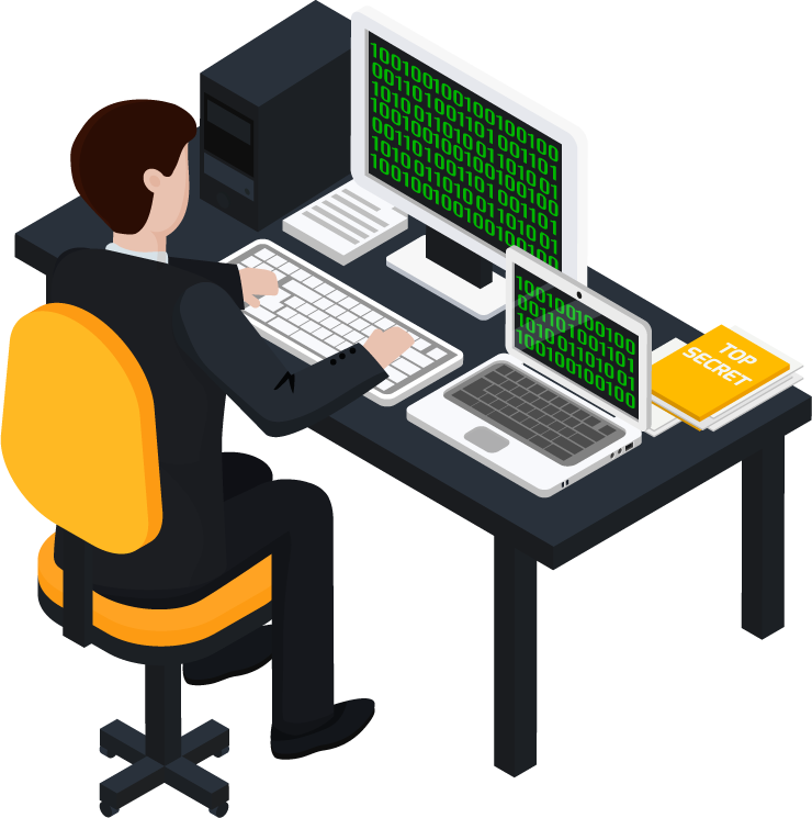 special agent isometric people working at a computer with security data and tools