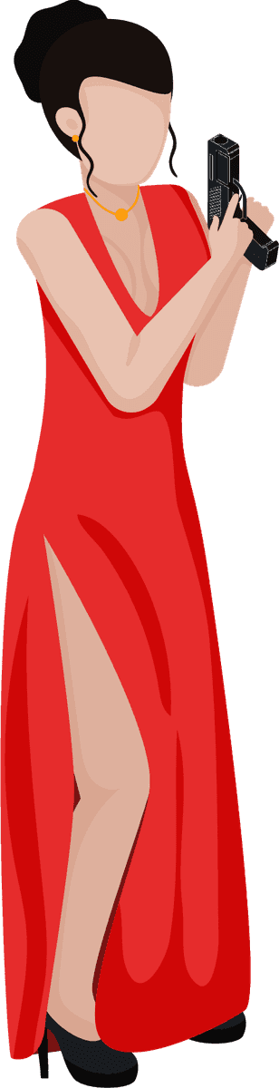 special agent isometric people in a striking red dress wielding a firearm