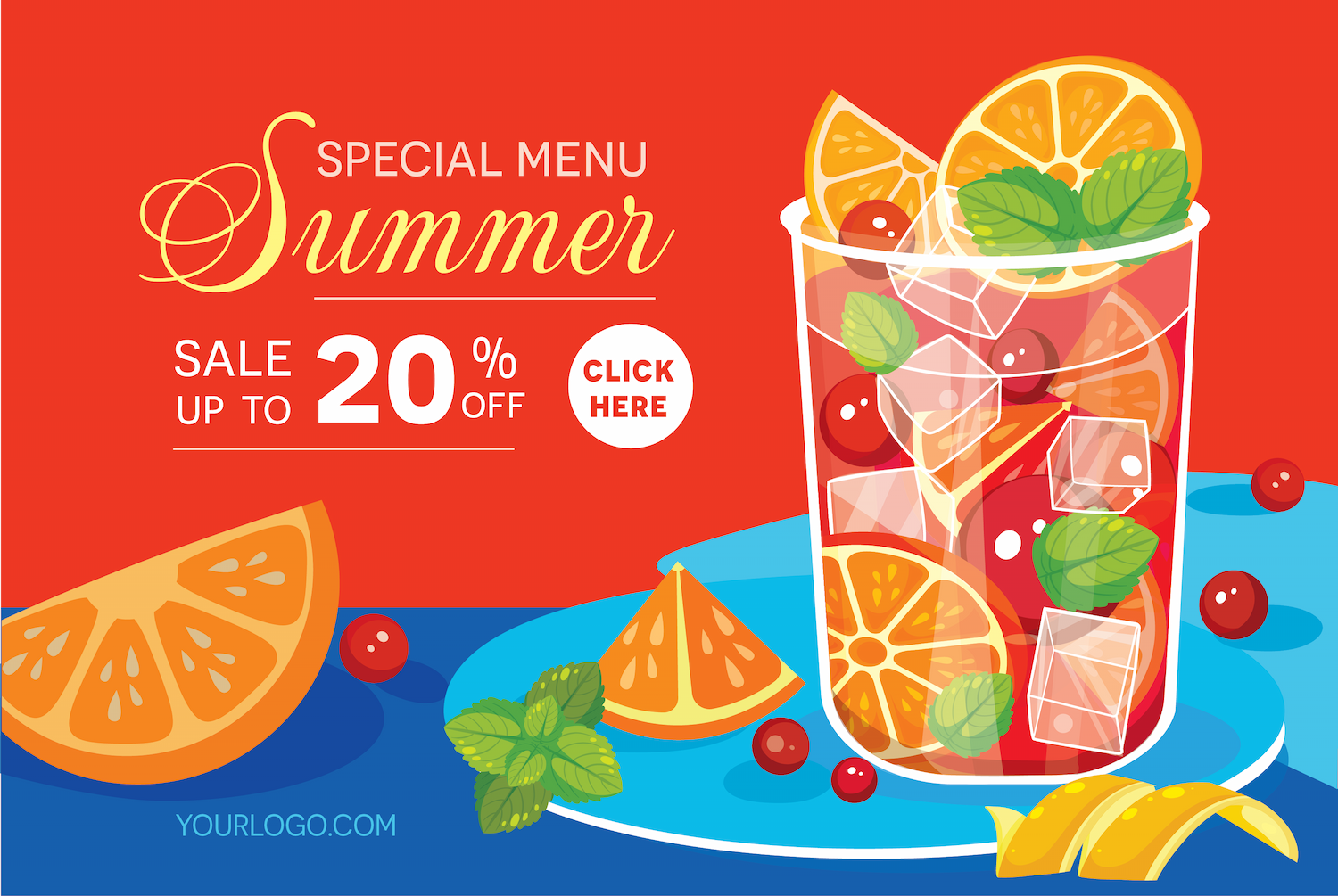summer menu banner with refreshing citrus drink offering 20% off