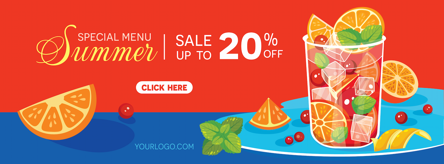 summer sale banner with refreshing orange drink and up to 20% off