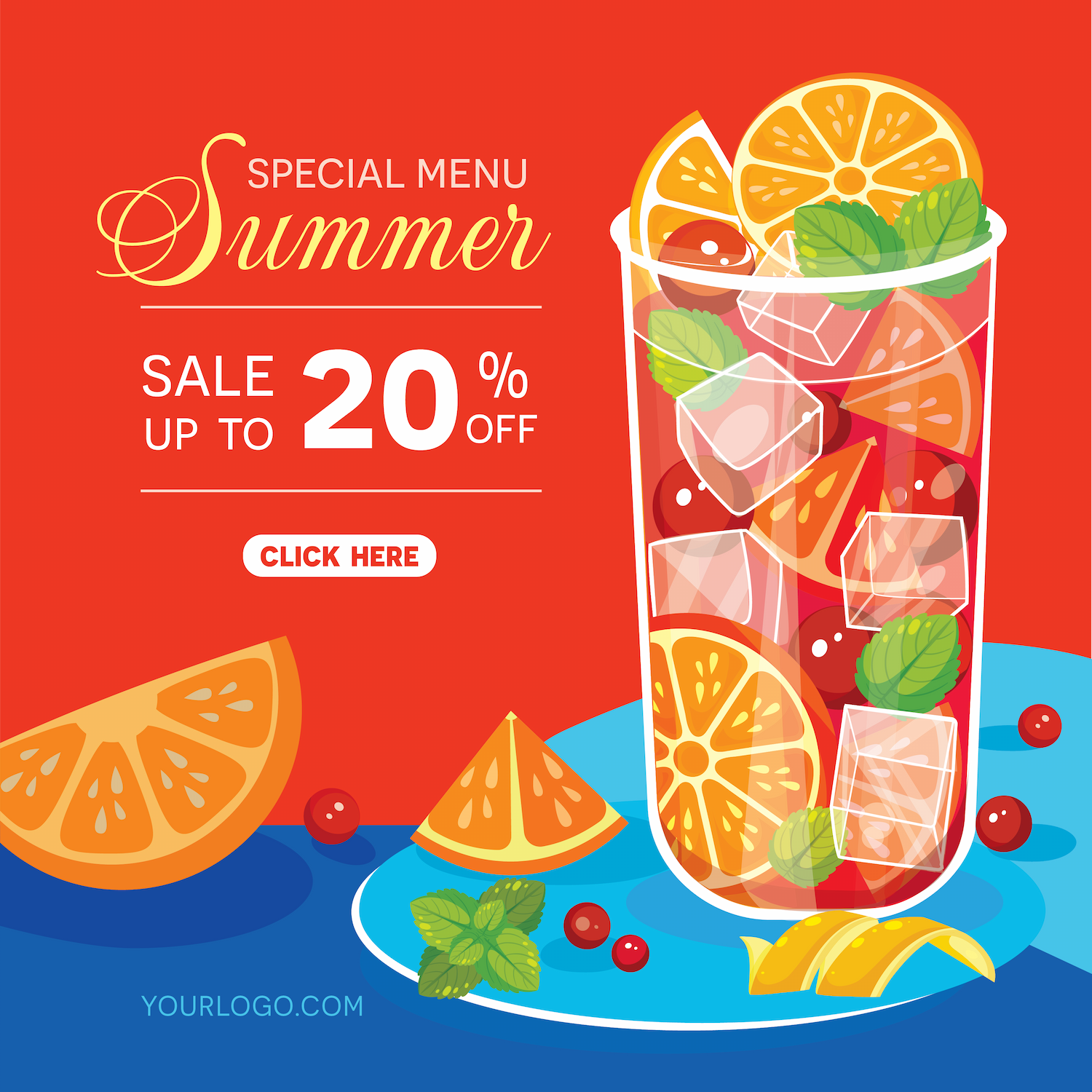 editable flat template illustration for summer drink special menu sale promotion