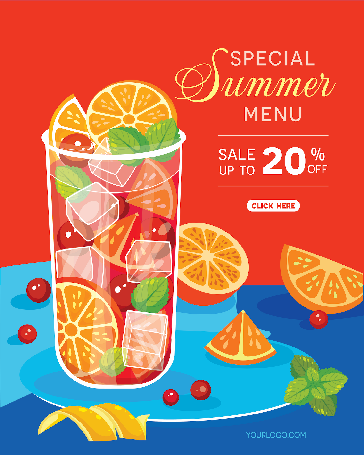 summer menu promo template illustration with orange cocktail beverage and discount sale offer for web banner