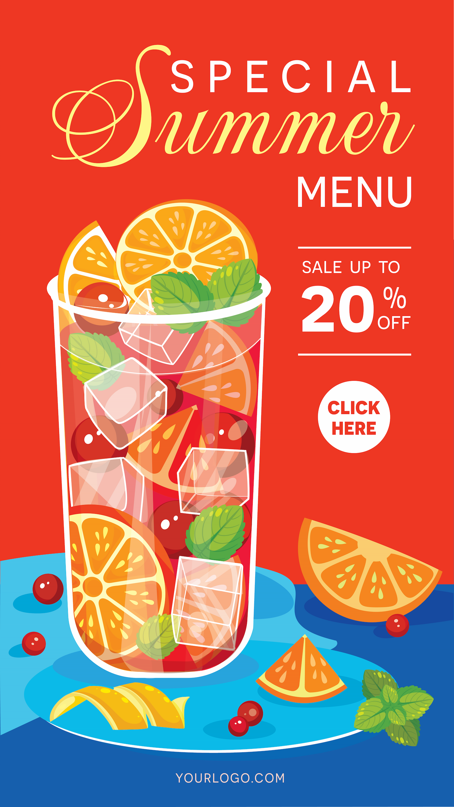 flat template for a special summer menu sale featuring a refreshing orange cocktail drink