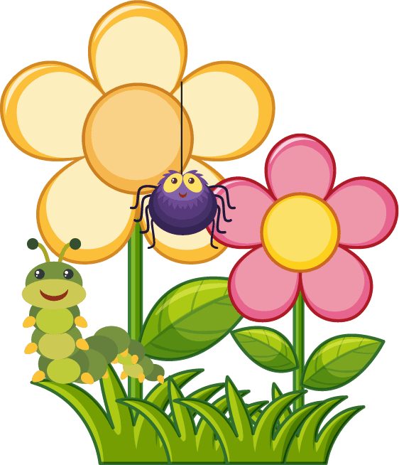 spider set insect character with flowers and a caterpillar for kids' playful themes