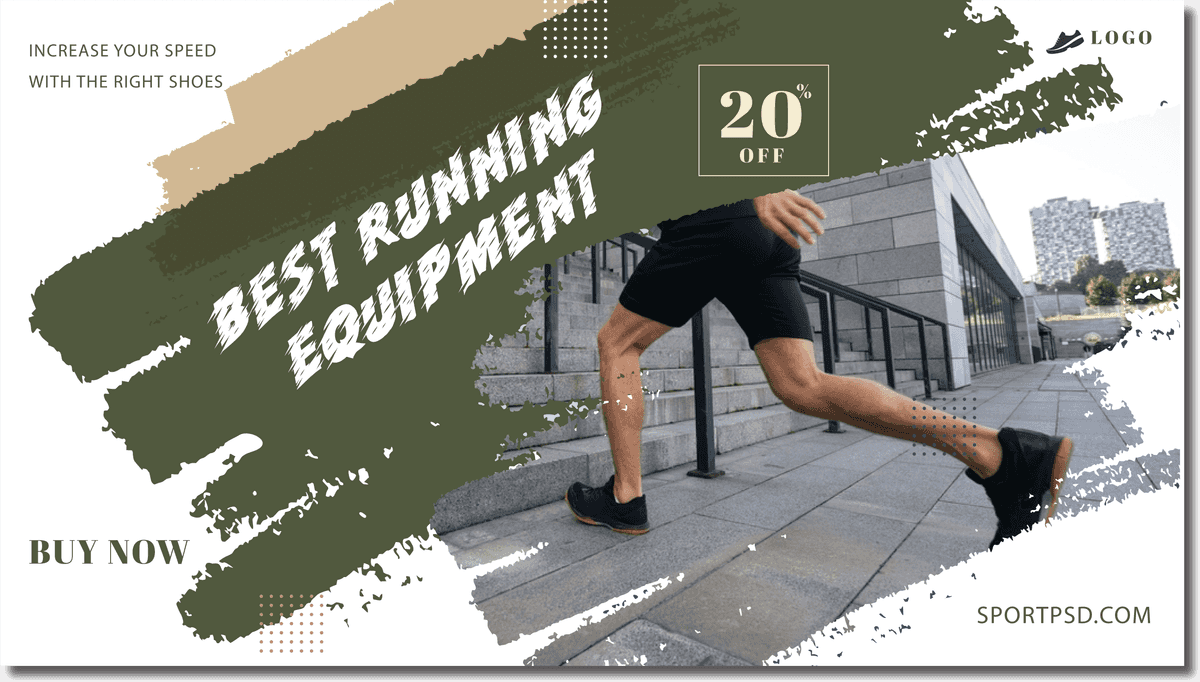 sport youtube cover collection featuring best running equipment promotional style with discount offer