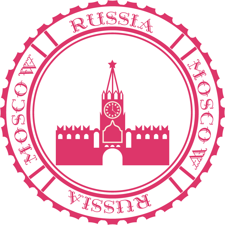 stamps with landmarks graphics featuring moscow kremlin clock tower in bright pink style