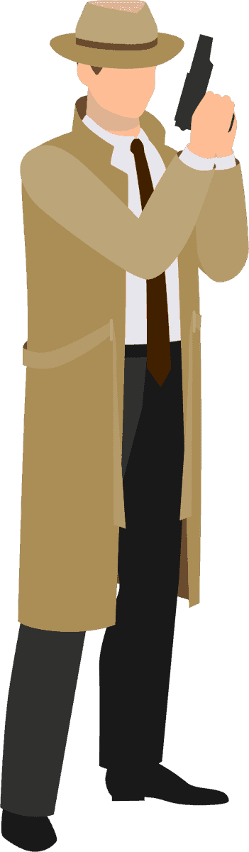 standing detective characters illustration showcasing a stylish character in a classic trench coat