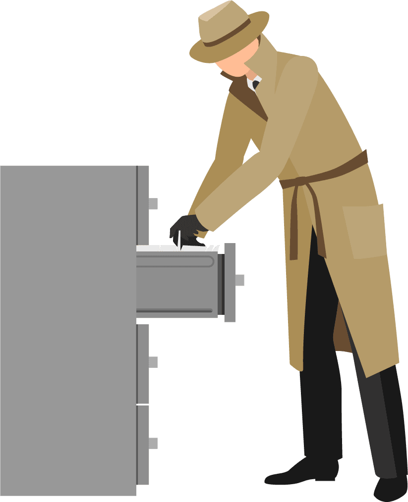 standing detective characters illustration inspecting a filing cabinet in a stylish minimalist style