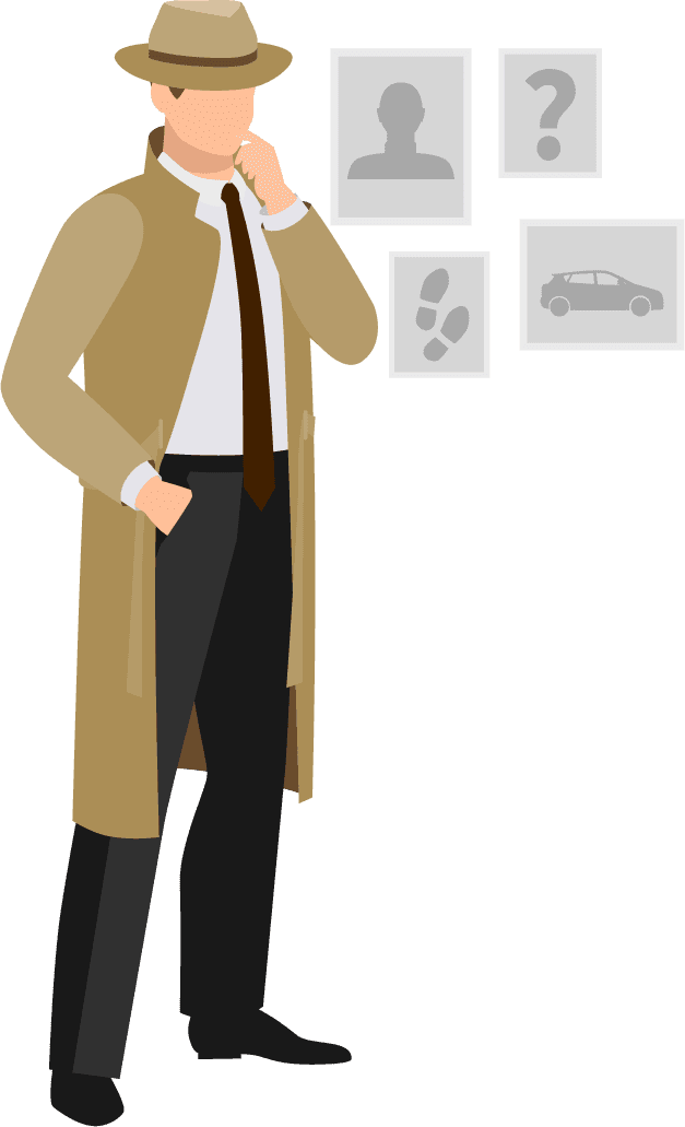 standing detective characters illustration in a thoughtful pose with mystery elements for storytelling