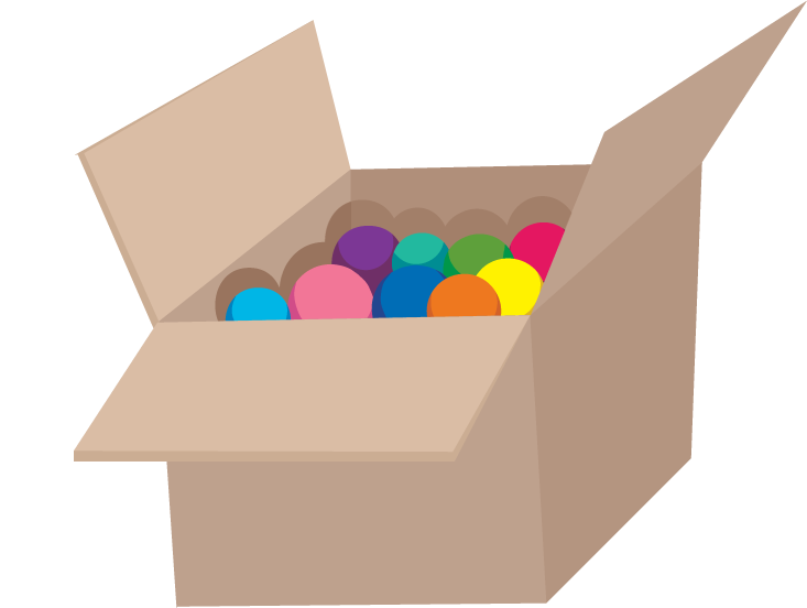 colorful stationery object illustration featuring a box filled with vibrant craft balls