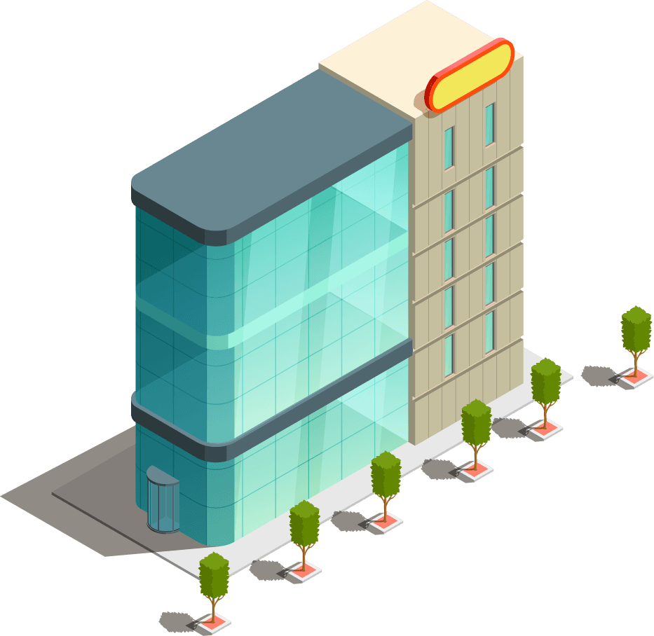 store buildings isometric icons featuring modern architecture with glass façade and surrounding landscape