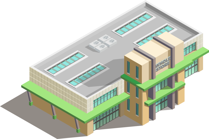 store buildings isometric icons with modern architecture and eco-friendly features for easy visualization