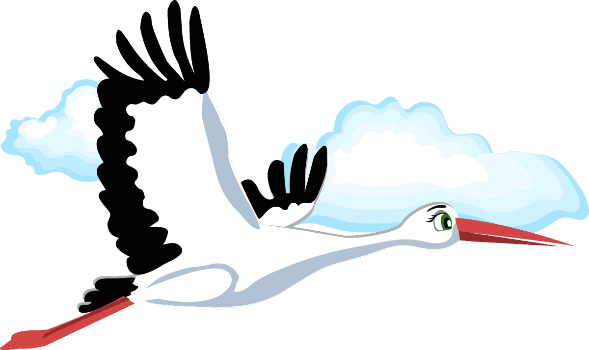 adorable stork insect cute cartoon flying in a clear blue sky with fluffy clouds