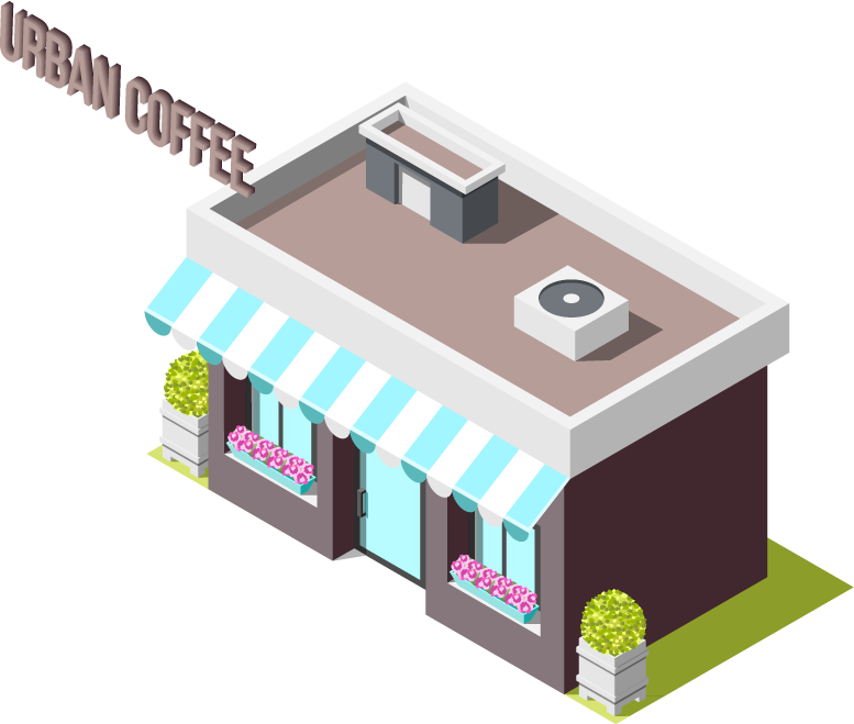 street coffee isometric icons featuring an urban coffee shop with vibrant details and accessories