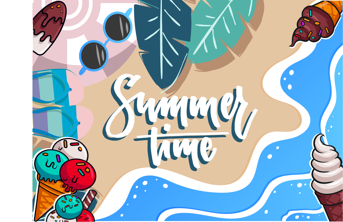 summer beach resort advertisement featuring colorful ice cream and tropical elements for vacation vibes