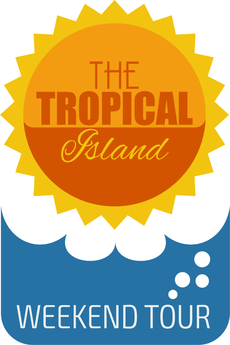 summer label with wave sun for tropical island weekend getaway promotion