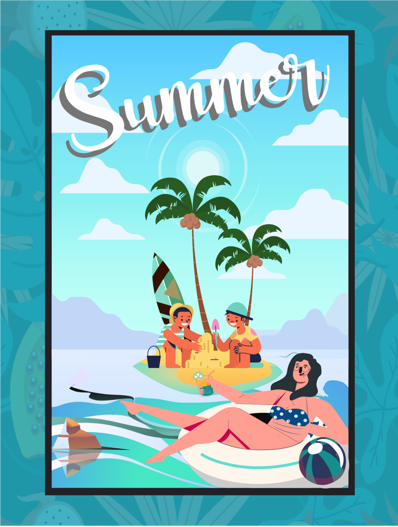 enjoying summer vacation at the beach with friends and sunny skies