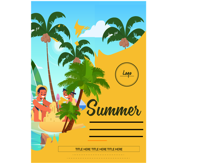 summer vacation at the beach with palm trees and kids building sandcastles