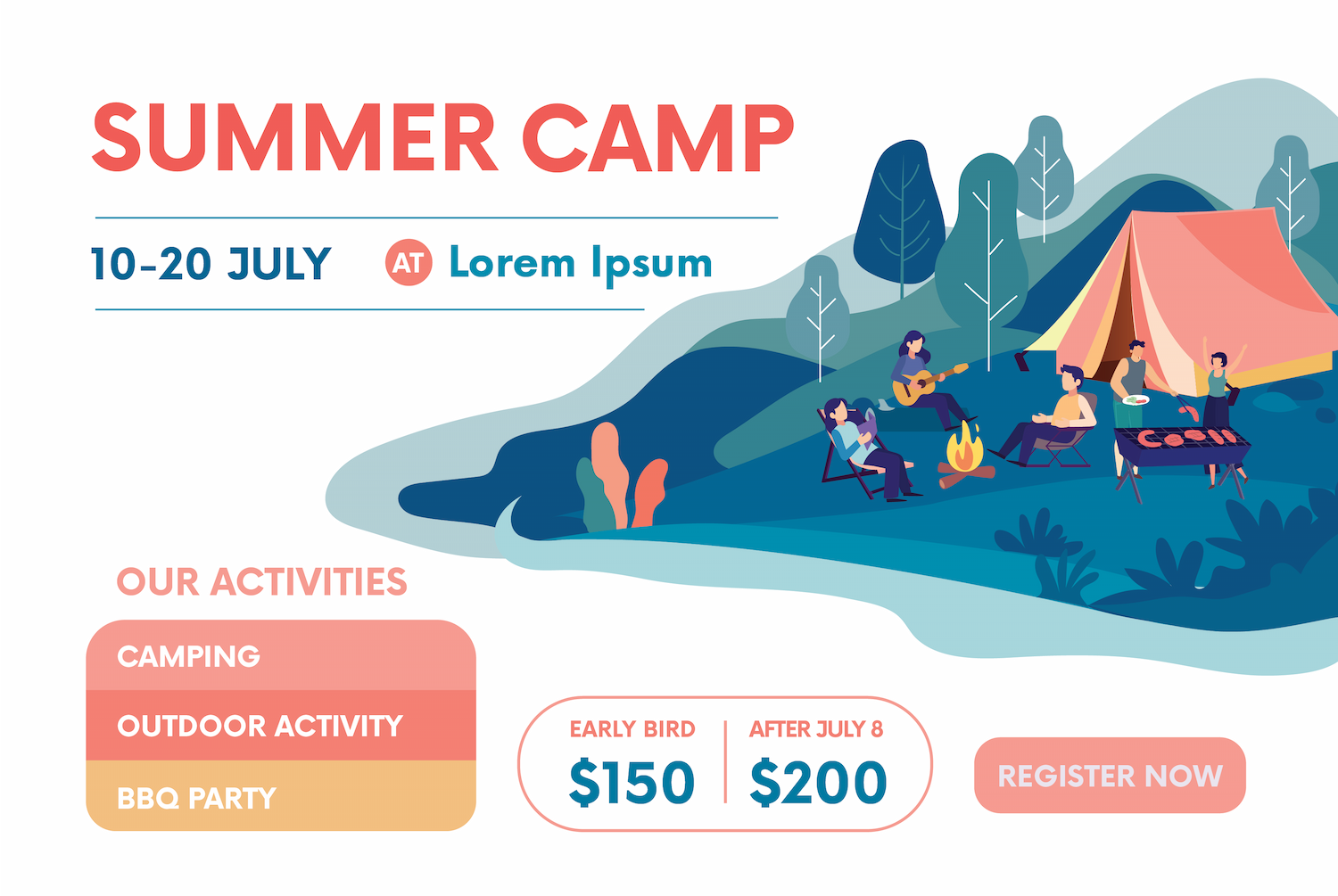 flat template illustration for a fun summer camp with outdoor adventures