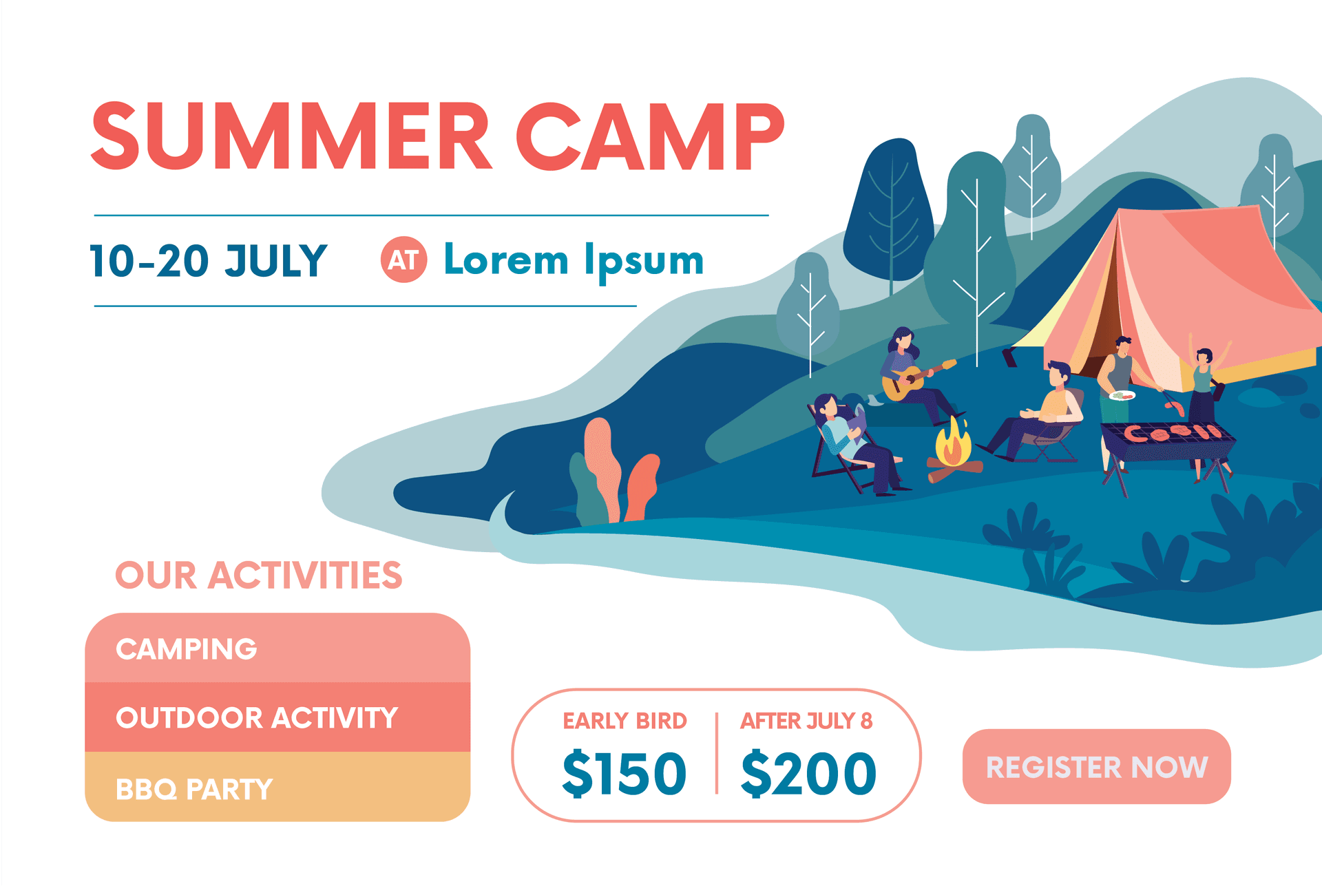 flat template illustration for a fun summer camp with outdoor adventures